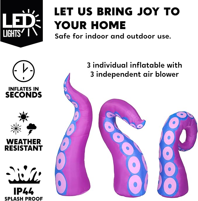 Joiedomi 3 Pcs Halloween Inflatables Octopus Tentacle Outdoor Window Decorations, Octopus Legs with Build-in LEDs, Halloween Front Door Window Roof Prop, Outdoor Holiday Blow up Decor for Garden Lawn