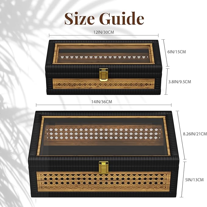 Rattan Decorative Box,Boho Display Boxes with Lids,Set of 2 Rectangular Wicker Storage Decoration,Natural Woven Cane Bins for Home Decor for Rustic Farmhouse(Yellow and Black)