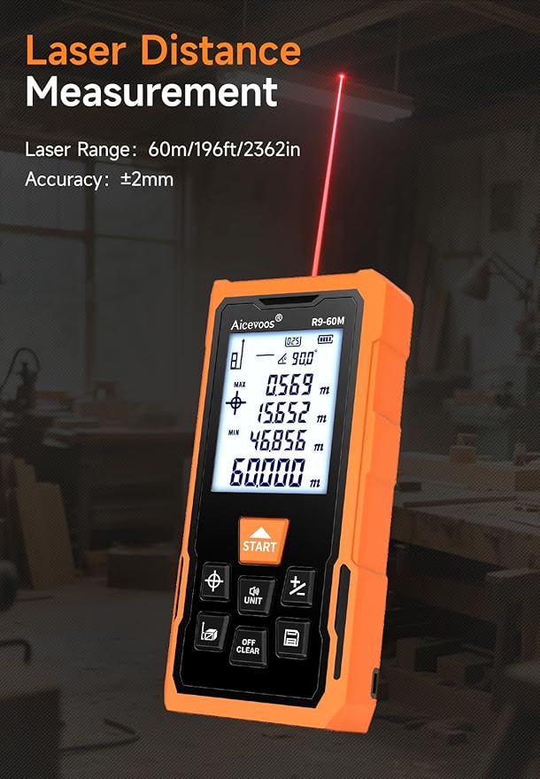 R9 Laser Measure 60m/196ft with Large Backlit Screen and Cross Laser, Digital Laser Measurement Tool with Electronic Angle Measures Distance, Area and Volume