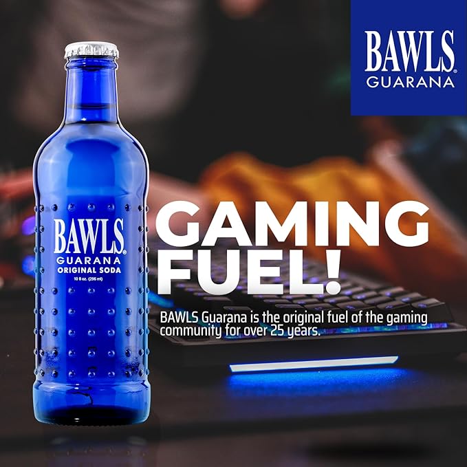 BAWLS Guarana Original - Guarana Fueled Soda for Energy, High Energy Caffeinated Drink, 10oz 24 Pack Glass Bottles