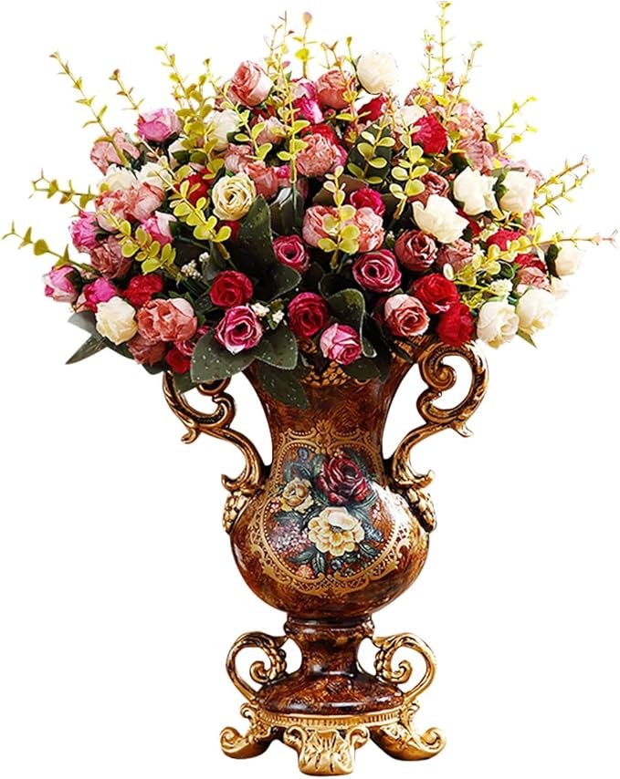 Artificial Vintage Flower Arrangement Vase Set European Golden Resin Vase Fake Flower Decor Wedding Party