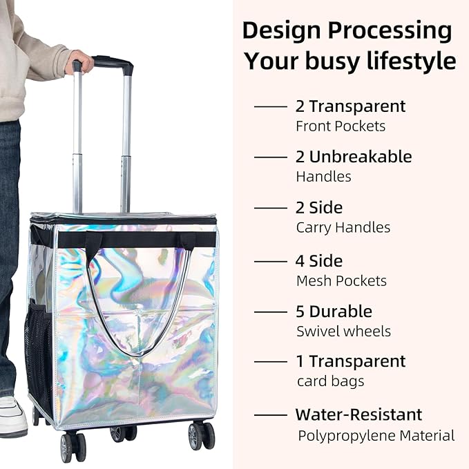 Reusable Grocery Bags on Wheels, Rolling Tote, Portable Shopping Cart for Groceries with Wheels and Drawstring Bag, Trolley, 54L, Foldable, Phantom White