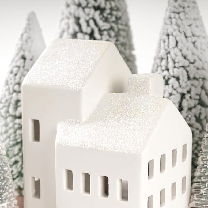 Christmas Decorations Indoor - Christmas Village Sets of 5 Ceramic Houses with LED Lights Remote and 9 Trees - Winter Rustic Farmhouse Home Holiday Xmas Decor for Mantel Tabletop Room