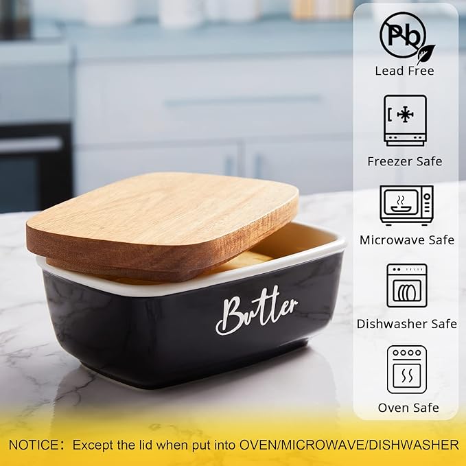 Black Butter Dish, ALELION Large Ceramic Butter Dish with Lid for Countertop, Butter Keeper Container with Acacia Wooden Lid, Kitchen Decor and Accessories for Counter