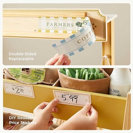 Tiny Land Wooden Play Store – Pretend Farmers Market & Coffee Shop with Cash Register, DIY Price Tags, Chalkboard, Pretend Grocery Store Role Play Toy for Toddlers