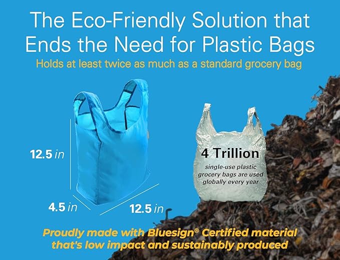 Sturdy Reusable Grocery Bags Foldable and Washable - Made From RipStop Nylon Hold 50lbs - Designed in USA Reusable Shopping Bags Inside a Compact Pod with Carry Clip - 5 Pack in Blue