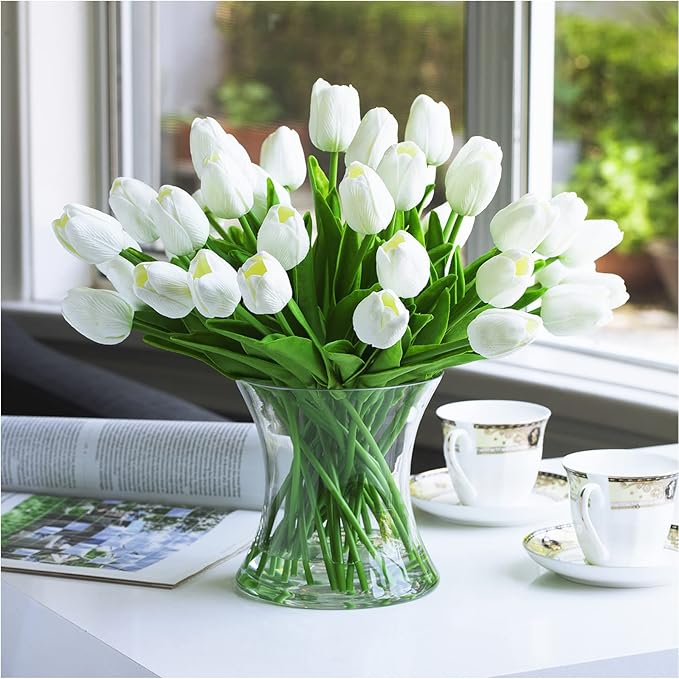 ENOVA FLORAL 40 Heads White Artificial Tulips With Vase, Real Touch Fake Flowers, Floral Arrangement for Dining Table, Home Decoration, Wedding Centerpieces
