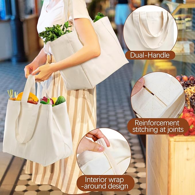Lzerking Canvas Tote Bag 4 Pack, Heavy Duty Reusable Grocery Bag with Pockets and Felt Base Shaper, 14x15x9.5 Inches Large Shopping Bags with Long Shoulder Strap and Short Handle