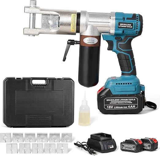 Electric Hydraulic Cable Lug Crimping Tool, 8 AWG to 500 MCM Terminal, Cable, Wire Electric Crimper Tool Kit, Cordless and Portability Battery Crimp Tool Kits with 11 Dies