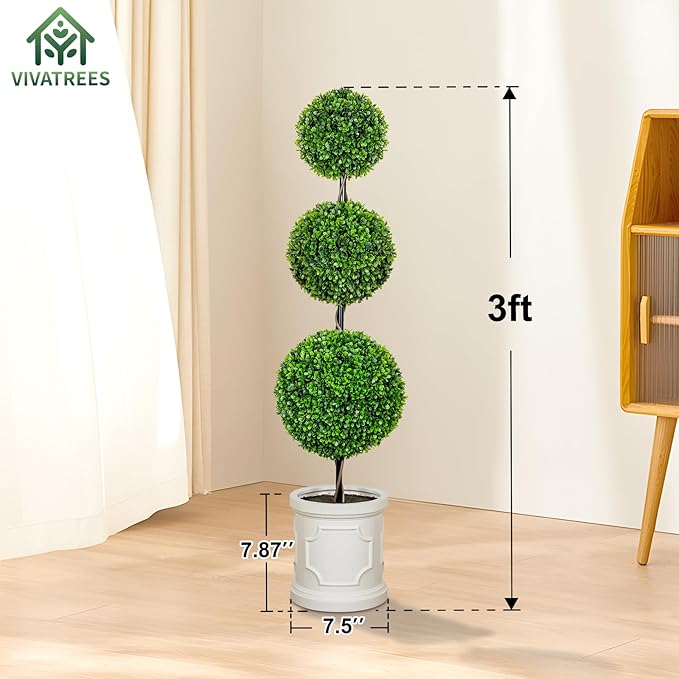 3FT Artificial Triple Ball Topiary Trees with Roman Style Vintage White Planter Pot, Outdoor Indoor Realistic Faux Shrubs Plants, Fake Trees for Home Offices Porch Decor, Set of 2