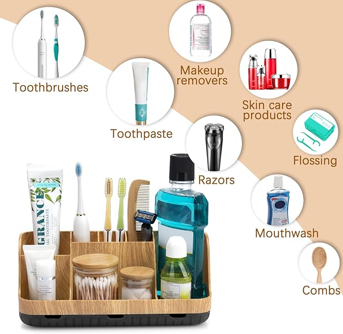 Bathroom Organizers and Storage - Detachable 7 Slots Kids Electric Toothbrush and Toothpaste Holde Drainage for Bathroom Accessories Organization Counter Vanity Storage, Wood