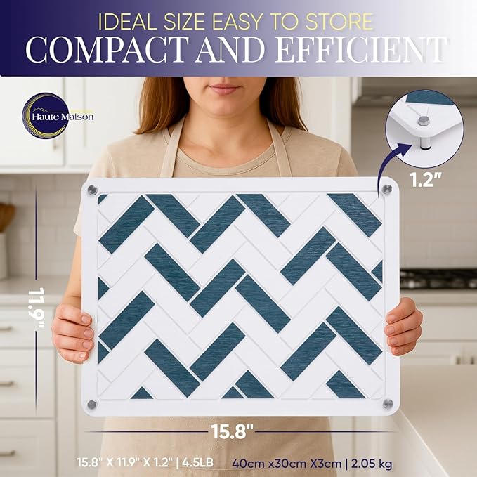 Stone Drying Mat For Kitchen Counter | 15.8"L x 11.9"W Stone Dish Drying Mat in Luxurious Herringbone | White & Grey Stone Drying Mat | Fast Drying Stone Sink Mat | Rapid Drying