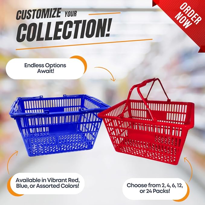 Stackable Plastic Shopping Baskets, Red and Blue, Easy-Grip Handles for Grocery, Retail, Liquor Stores, Home Use (12-pack, Red & Blue Assorted)