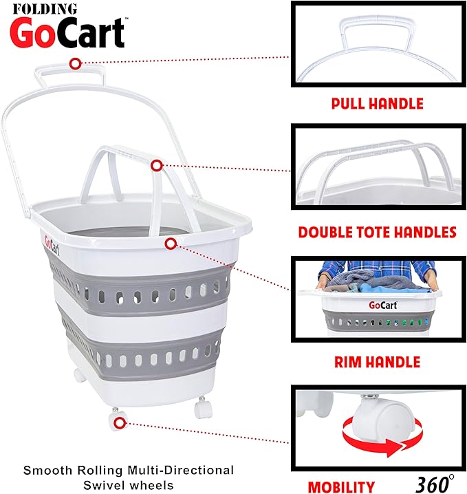 dbest products Folding Gocart Laundry Basket with Wheels, Multi Use Collapsible Grocery Shopping Cart, White