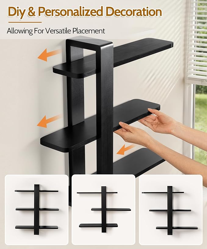 SUMGAR Black Floating Shelves for Wall Mounted Shelving Unit All Pine Wood 3 Tier Large Shelf for Bedroom Living Room Office Bathroom Home Decoration Storage Plant Photo Display Modern 20in