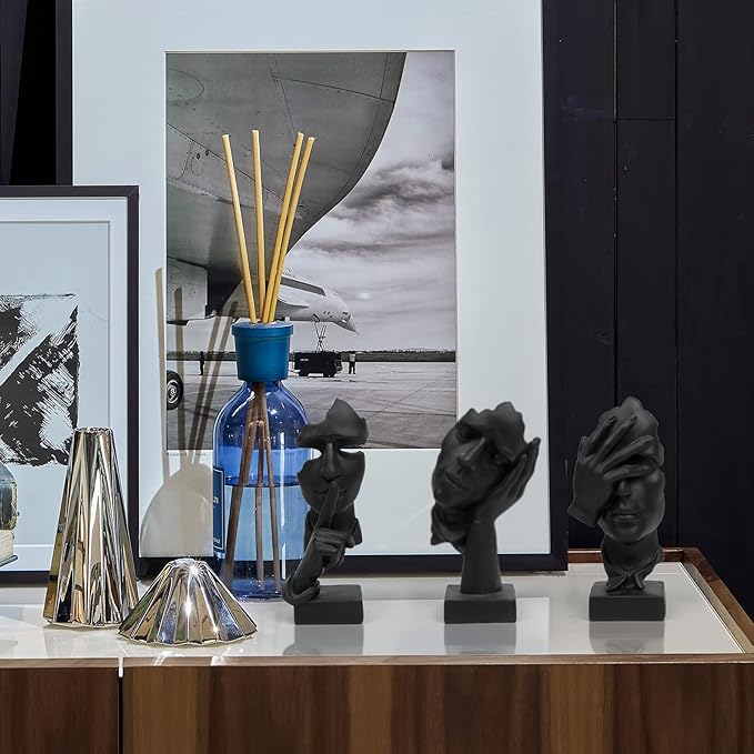 3 Pcs Thinker Statue, Silence is Gold Abstract Art Figurine, No Hear No See No Speak Modern Home Resin Sculptures Decorative Objects Decor for Home Office Bookshelf Desktop(Black) (A-41)
