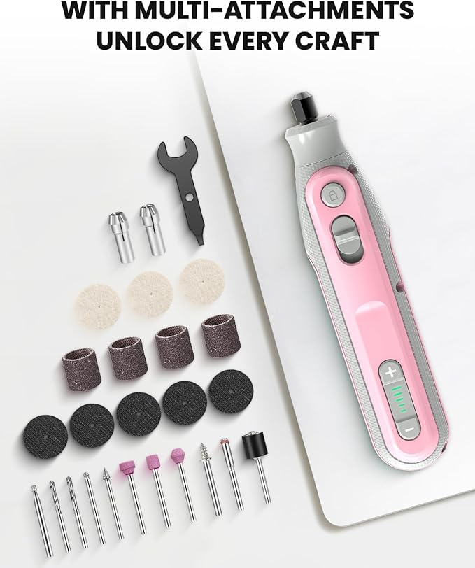 Rotary Tool, Mini Cordless Rotary Tool with 5-Speed, 25 Upgraded Accessories for Engraving, Carving, Sanding, Polishing, Cutting – Ideal for Crafts, DIY and Pet Nail Grooming, Pink
