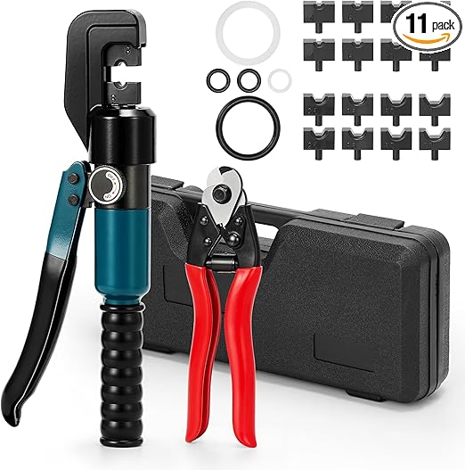 Hydraulic Crimping Tool and Cable Cutter Set - Puretalon Battery Lug Cable Crimper Wire Tool Kit 8 Ton 12 to 2/0 AWG Electrical Terminal Cable Wire with 9 Die, YQK-70