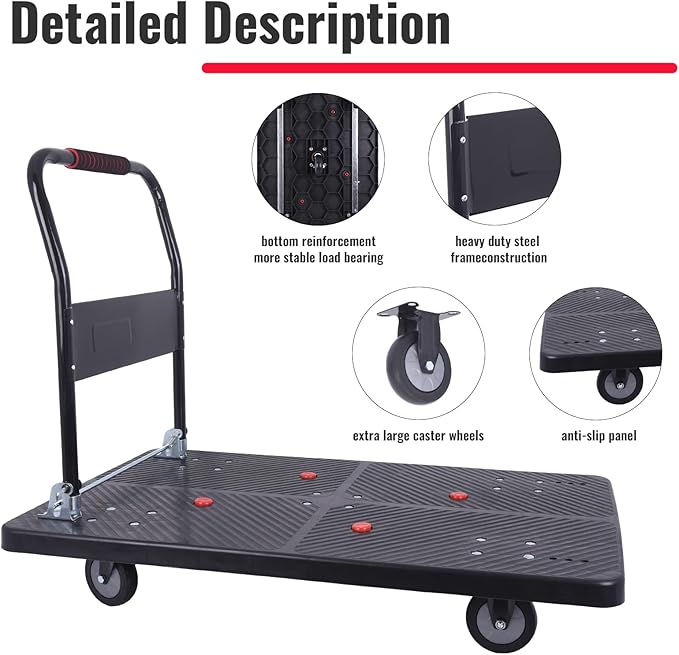 1320lbs Foldable Platform Truck Dolly with Swivel Wheels, Heavy Duty Moving Platform Hand Truck, Moving Flatbed Cart Push Cart Platform Dolly Cart for Groceries, Warehouse(43.31" x 25.51" Black)