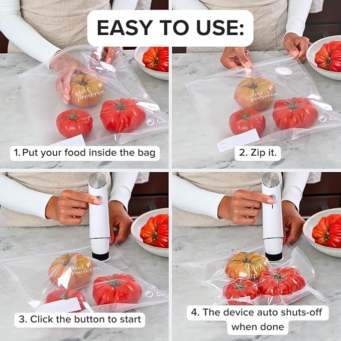 Chef Preserve Vacuum Sealer Machine with 3 Glass Containers & 30 Reusable Bags – Compact Handheld Food Saver, Portable Kitchen Vacuum Sealing System for Meal Prep, Food Storage & Freshness