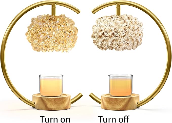 Gold Candle Warmer Lamp for Jar Candles with Adjustable Brightness＆Timer，Handcrafted Crystal＆Wooden Base, Luxurious Design,Home Decoration Electric Candle lamp(C-Shaped)
