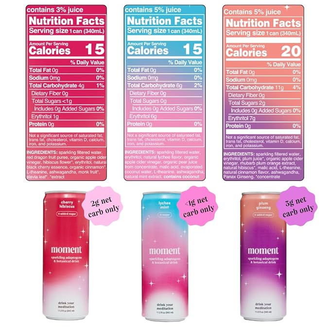 Moment Mocktails Non Alcoholic Drinks (Shark Tank) | SPARKLING Classics Adaptogen Drink | L-Theanine & Ashwagandha for Calm & Clarity | 0 Added Sugar 0 Caffeine | 24-pack