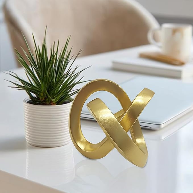 Gold Knot Decor for Tabletop, Modern Geometric Sculpture for Living Room Bedroom Bookshelf Decorations Gifts, Resin Abstract Art Statue Home Decor for Entryway TV Stand