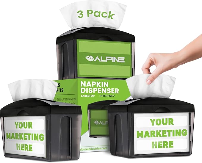 Alpine 3 Pack Tabletop Commercial Napkin Dispenser Restaurant Napkin Holder for Interfold Napkins with 2 Side Marketing Space Insert for Restaurants, Cafeterias, Food Trucks, Clubs - Black