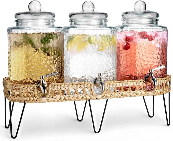 1.5 Gallon Glass Drink Dispenser for Parties 3 PACK Beverage Dispensers with Stand, Glass Water Jug Dispenser, with 18/8 Stainless Steel Spigot, Great for Party, Wedding, Picnic, BBQ Wicker Design
