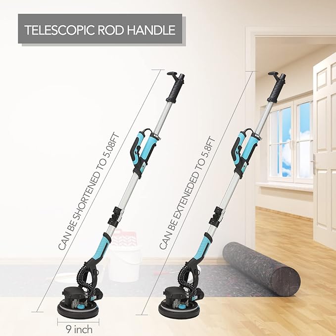 Drywall Sander, 750W 6.5A Electric Wall Pole Sander with Vacuum Dust Collection LED Light 7 Speed Settings 900-1800RPM Popcorn Ceiling Removal Tool Sandingpaper