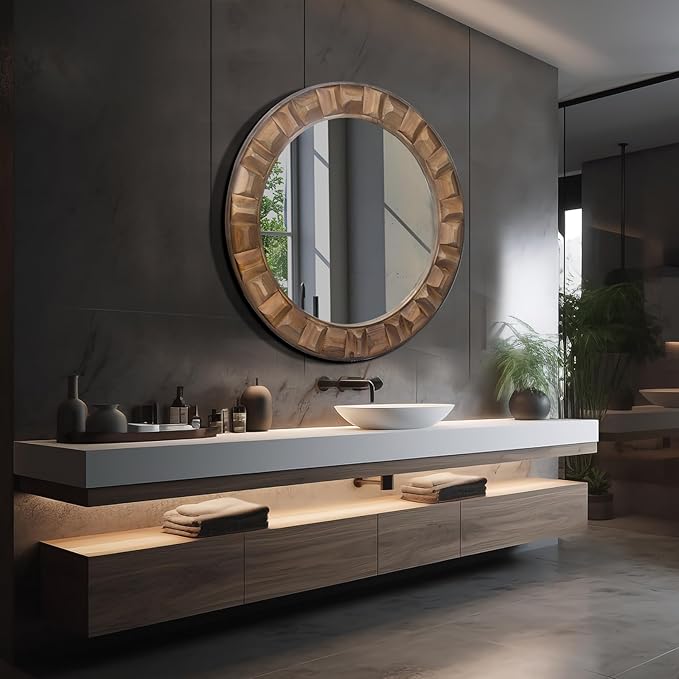 30 Inch Round Wood Mirror for Wall, Circle Decorative Mirror with Solid Wood Frame, Rustic Hanging Mirror for Bathroom, Entryway, Bedroom or Living Room