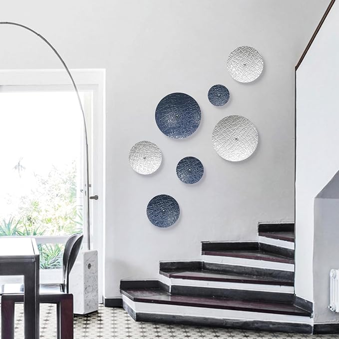 Silver and Blue Wall Decor for Living Room, 7PCS Metal Wall Hanging Sculptures for Office Apartment Bathroom Decoration, Modern Silver Home Decor for Staircase Hallway Porch Housewarming Gift