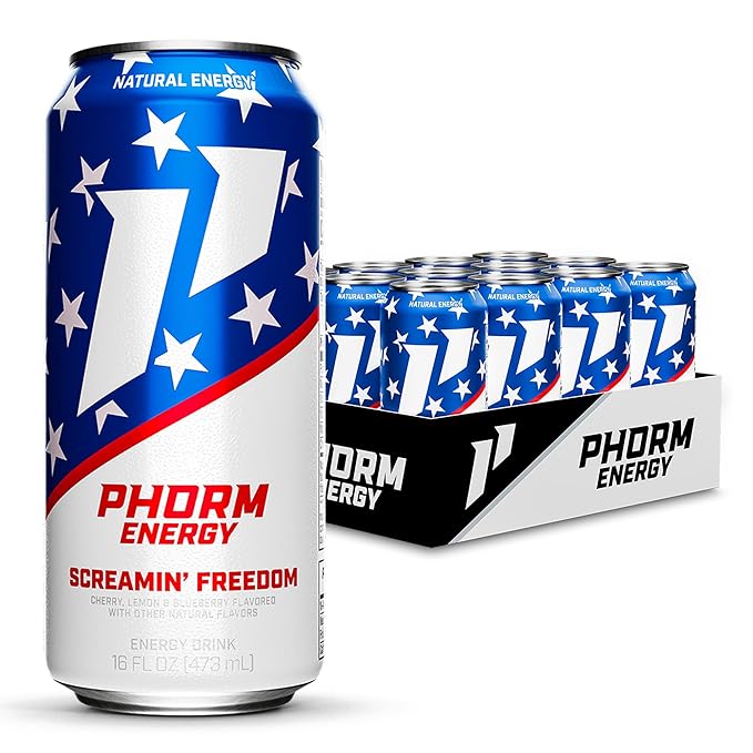 Phorm Energy Drink, Screamin’ Freedom Flavor, 200 MG Natural Caffeine From Green Tea, Sugar Free Carbonated Drink With Electrolytes & Vitamin B12, Dairy & Gluten Free, Vegan, 16 FL Oz Cans, 12 Pk