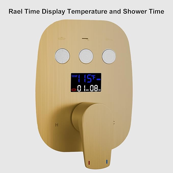 12Inch Brushed Gold Ceiling Shower System & 8Inch Wall-Mount Shower Faucet Set, 2 in 1 Handheld with Adjustable Slide Bar Included Temperature Display Valve and Trim Kit Can Work At Once
