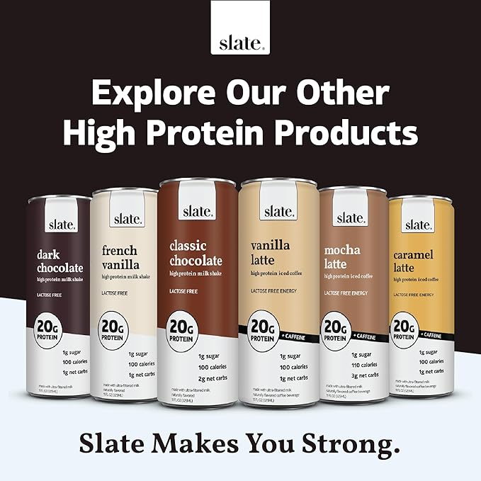 Slate Milk - High Protein Nutrition Shake - Vanilla Cream - 32g Protein, 1g Sugar, 150 Calories, 1g Net Carbs - Lactose Free - No Added Sugar - Breakfast Boost, Post Workout - 11 fl oz, 12 Cans
