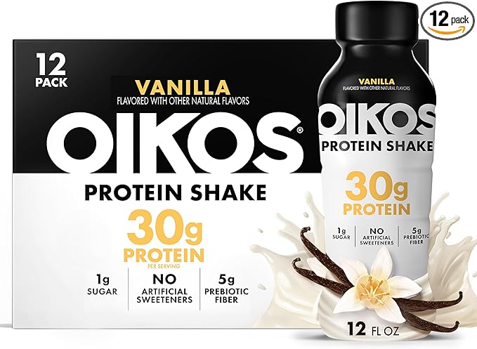 Oikos Protein Shake, Vanilla, 30g Protein, Shelf Stable Protein Drink with 5g Prebiotic Fiber, 12 fl oz Bottle, 12 Count