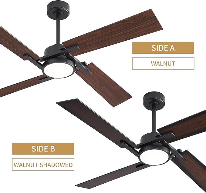 WINGBO 72 Inch Ceiling Fan with Light and Remote, 4 Plywood Blades, 6-Speed Reversible DC Motor, Dimmable, 3CCT, Farmhouse Ceiling Fan for Bedroom Living Room Kitchen, Black and Walnut/Shadowed Walnut