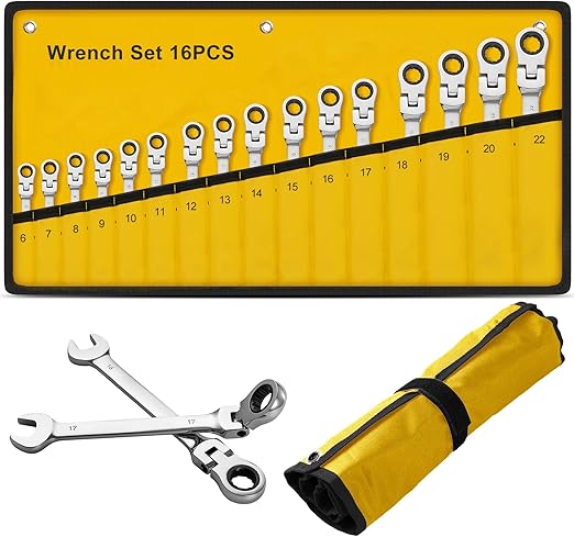 Ratcheting Wrench Set 16 Pcs, Multifuctional Combination Ended Spanner Kit Metric 6-22MM Chrome Vanadium Steel Flex-Head Ratchet Wrenches with Carrying Bag