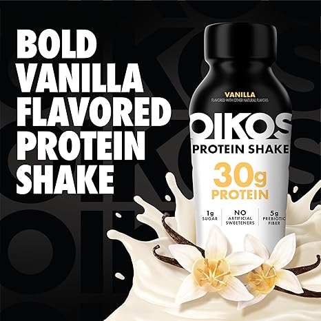 Oikos Protein Shake, Vanilla, 30g High Protein Drinks, Shelf Stable, Ready to Drink, 5g Prebiotic Fiber, 12 fl oz Bottle, 12 Count