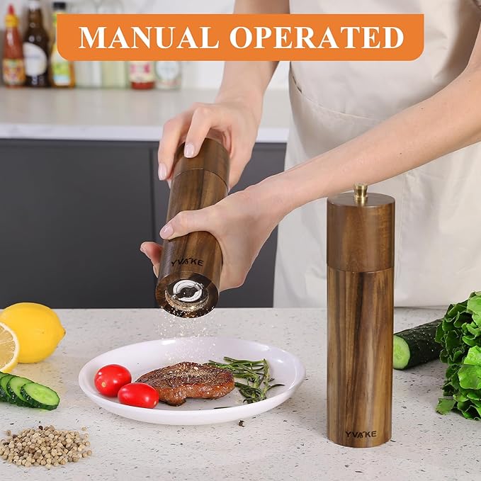 Wooden Salt and Pepper Grinder Set,8 Inch Manual Salt and Pepper Mill, Adjustable Coarseness and Refillable,Acacia Wood Pepper Grinder for your kitchen[Set of 2]