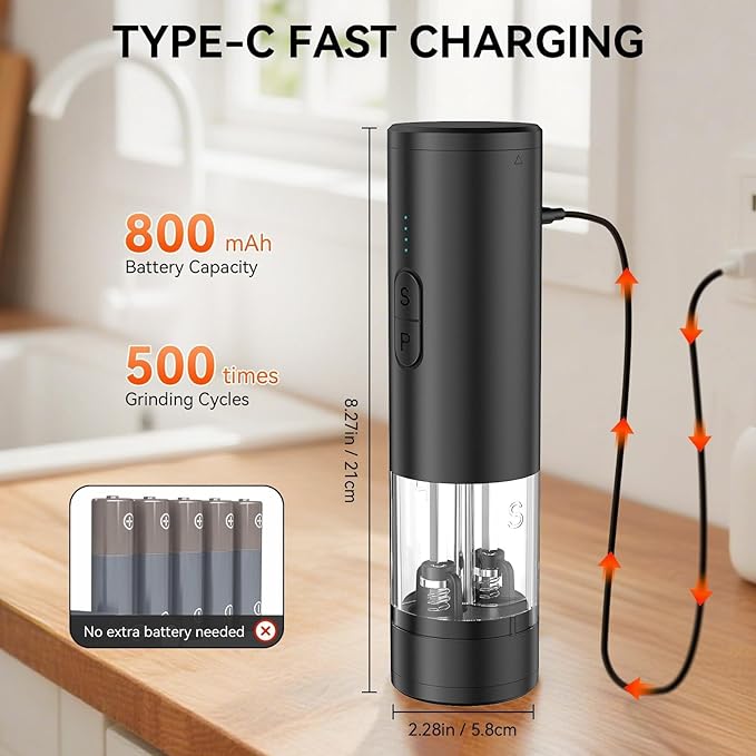 2 in 1 Electric Salt and Pepper Grinder Set, USB Rechargeable, Automatic Salt and Pepper Mill Shakers with LED Light, Battery Display, Adjustable Coarseness, Ideal for Kitchen Outdoor BBQ Gift