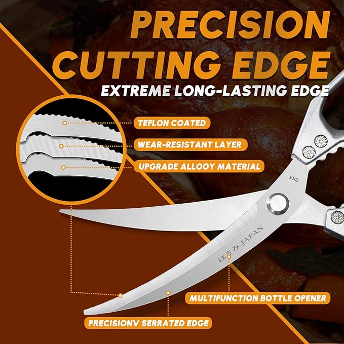 HUUSK Kitchen Scissors Set Silver - Stainless Steel Kitchen Shear, Sharp Meat Scissors Dishwasher Safe, Heavy Duty Poultry Shears, Japanese Cooking Scissor for Food, Chicken Bones, and Turkey