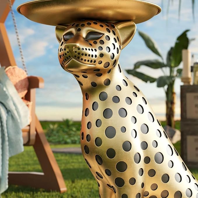 LOVEDIMA 24.2" Resin Panther Statue Luxury Gold Leopard Floor Figurine Accent Side Statue with Tray Top for Small Space Living Room Bedroom