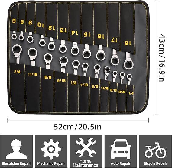 Ratcheting Wrench Set, Combination Wrench Set, 22-Piece SAE & Metric and Standard, 72Th Long Open End, 1/4" to 3/4" & 6-18mm, Organizer With Roll Up Pouch, CR-V Socket Mechanic Hand Tools Sets