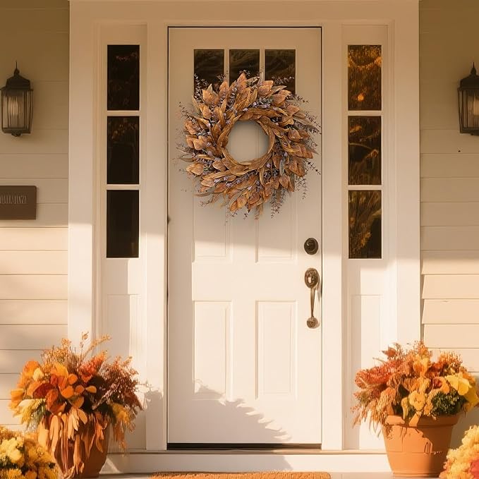 26'' Eucalyptus Wreath for Front Door - Autumn Large Artificial Eucalyptus Outdoor Wreath for Porch, Window,Farmhouse,Home,Holiday,Hanging Fall Decorations (Orange)
