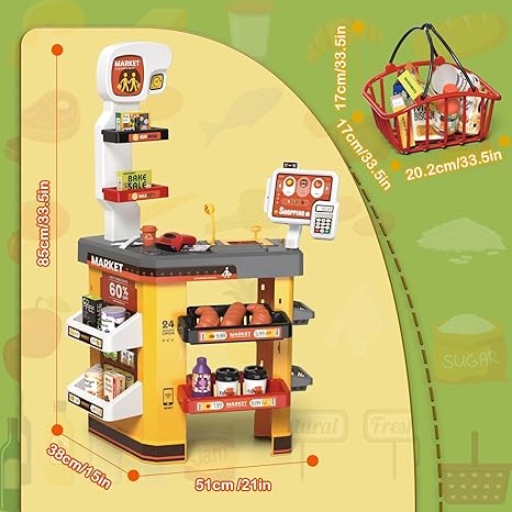 deAO Supermarket Playset for Kids with Working Scanner Register Toy Pretend Play,Kid Grocery Store Playset 54PCS Play Food Accessories,Christams Birthday Gift for 3 4 5 Kids Boys Girls