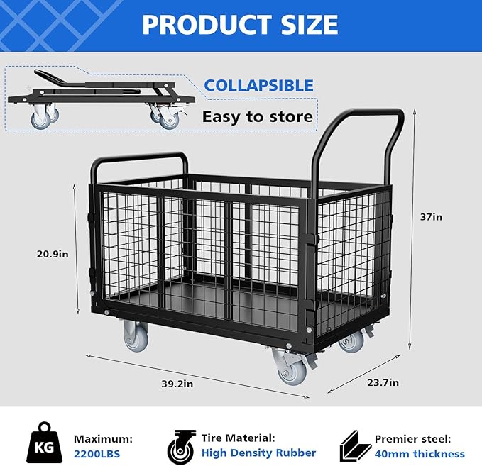 Platform Truck Cart with Cage, 5 in 1 Foldable Heavy Duty Platform Cart, 2500 LBS Capacity Heavy Duty Push Cart with 4 Casters for Grocery, Laundry, Warehouse, Pantry