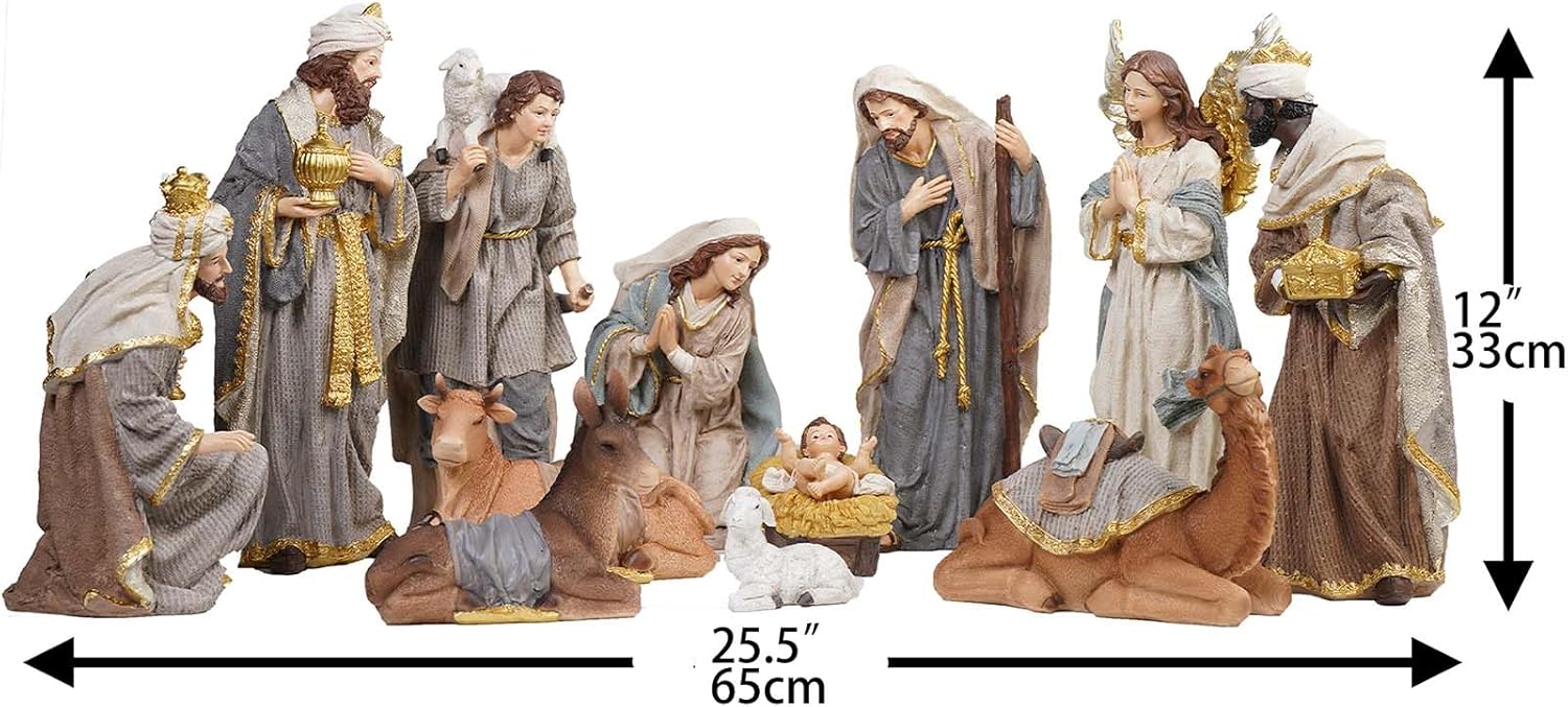 Zayton Nativity Set Christmas Indoor 12 Pcs 12 Inch Scene Statue Figurines Jesus Manger Crib Ornament Church Xmas Home Catholic Religious Decoration
