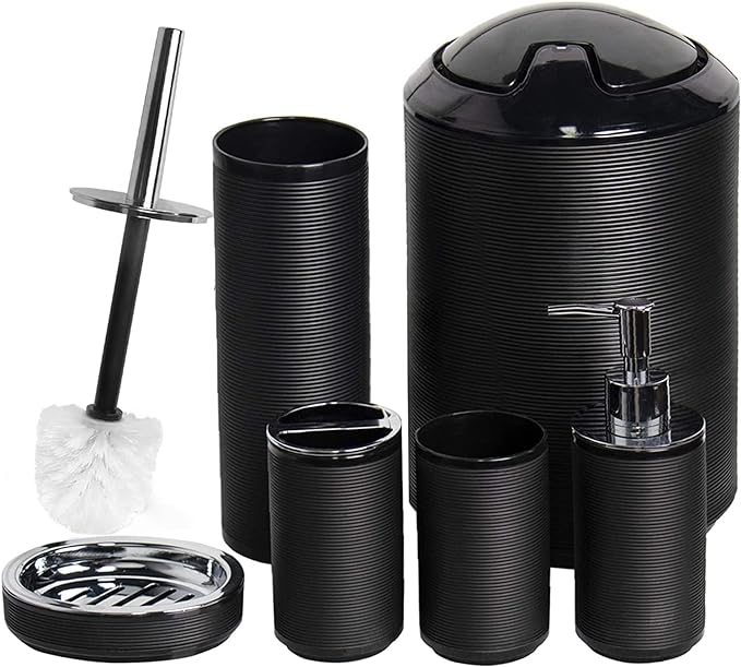 CERBIOR Bathroom Accessories Set 6 Piece Bath Ensemble Includes Soap Dispenser, Toothbrush Holder, Toothbrush Cup, Soap Dish for Decorative Countertop and Housewarming Gift, Black