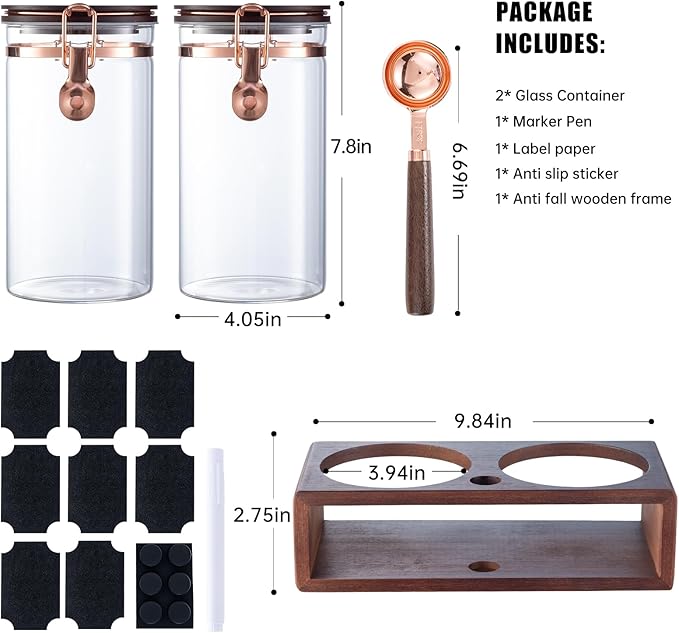 Glass Coffee Container with Wooden Shelf, 2 x 40 FLOZ Coffee Bean Storage with Sealed Closure Clips and Copper Spoon, Kitchen Large Capacity Food Storage Jar, Ground Coffee Container